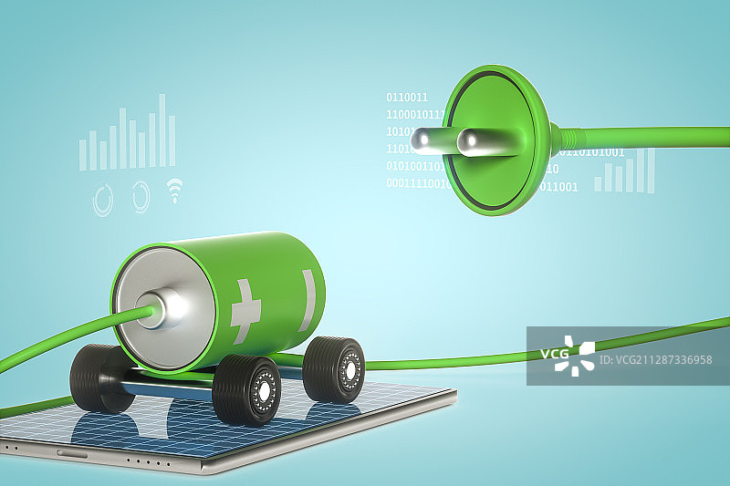 5G智能手机上的新能源汽车，三维图形图片素材