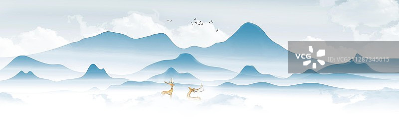 中国风蓝色意境山水画图片素材