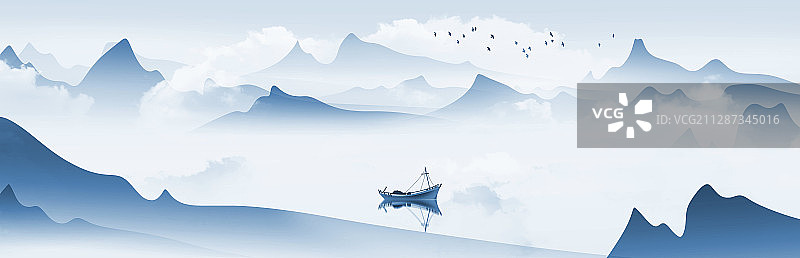 中国风蓝色意境山水画图片素材
