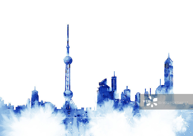 上海陆家嘴城市建筑群水彩插画图片素材
