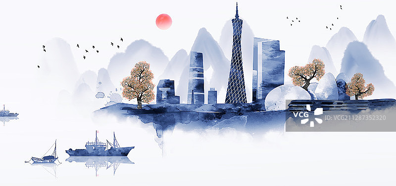 广州水彩建筑剪影图片素材