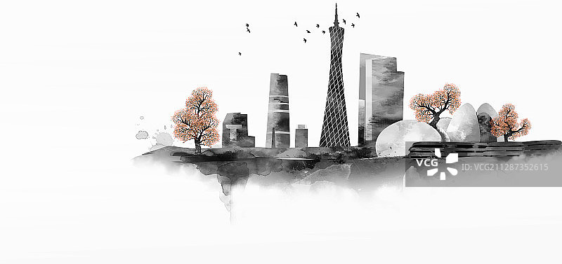 广州水墨建筑剪影图片素材