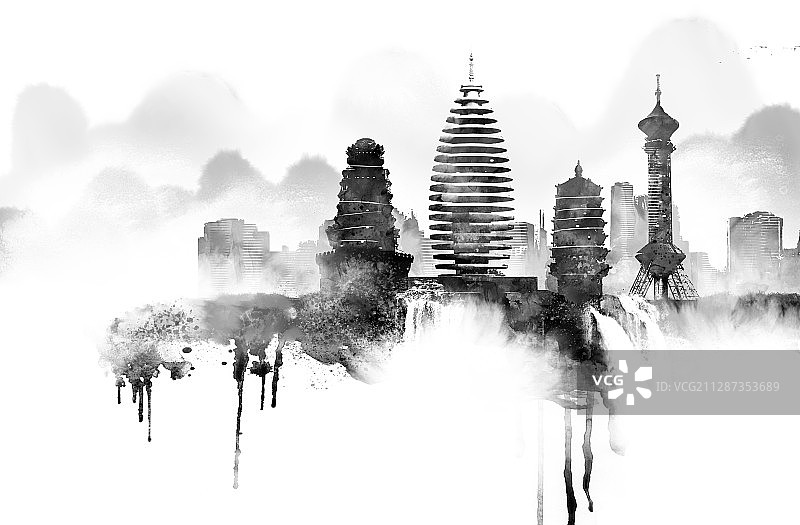 河北水墨地标建筑缩影图片素材