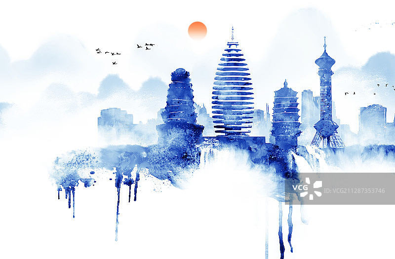 河北彩色水墨地标建筑缩影图片素材