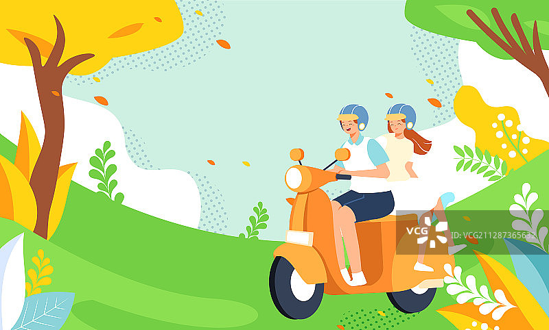 卡通情侣电动车安全头盔出行交通行程旅游背景矢量插画图片素材