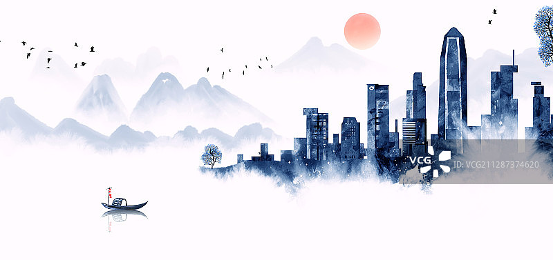 蓝色深圳水彩地标建筑缩影图片素材