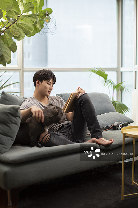 年轻男士和宠物狗在沙发上图片素材