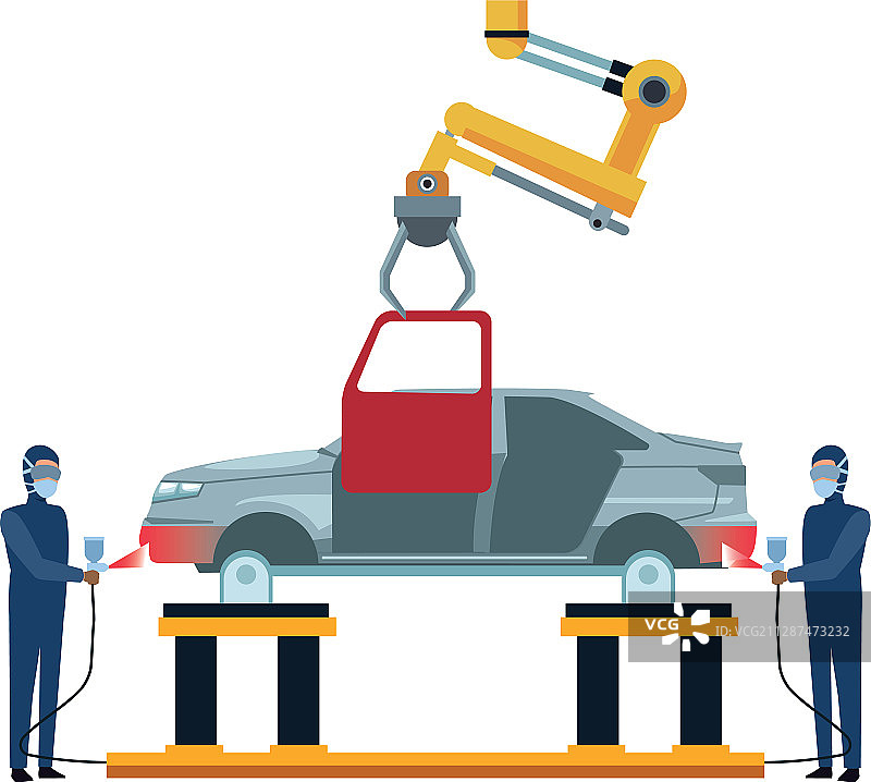 汽车喷漆工人在红色升降汽车上进行喷漆和机器人操作图片素材