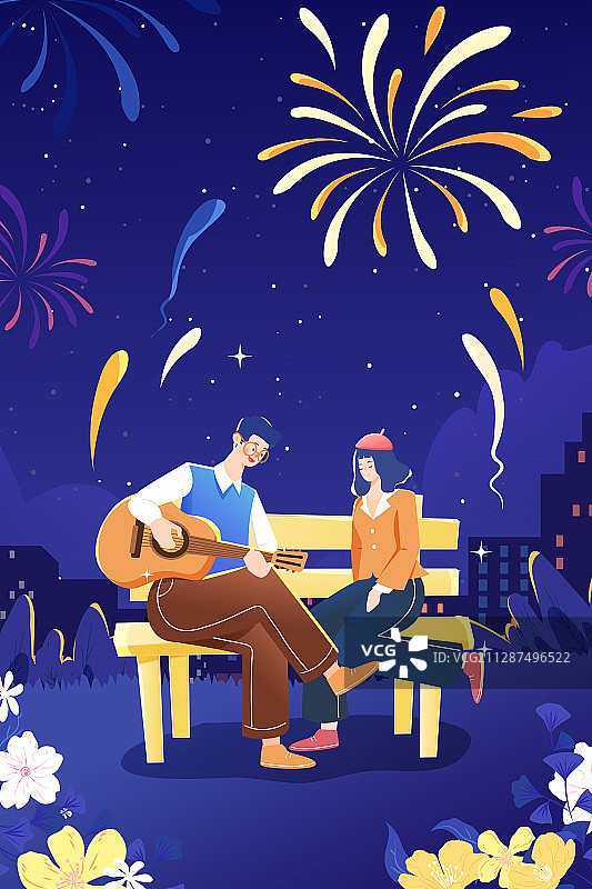 卡通七夕情人节夜晚深夜约会浪漫爱情城市建筑背景矢量插画图片素材