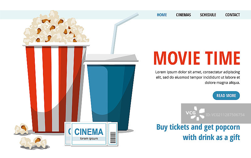 电影院海报，含爆米花、饮品和电影票图片素材