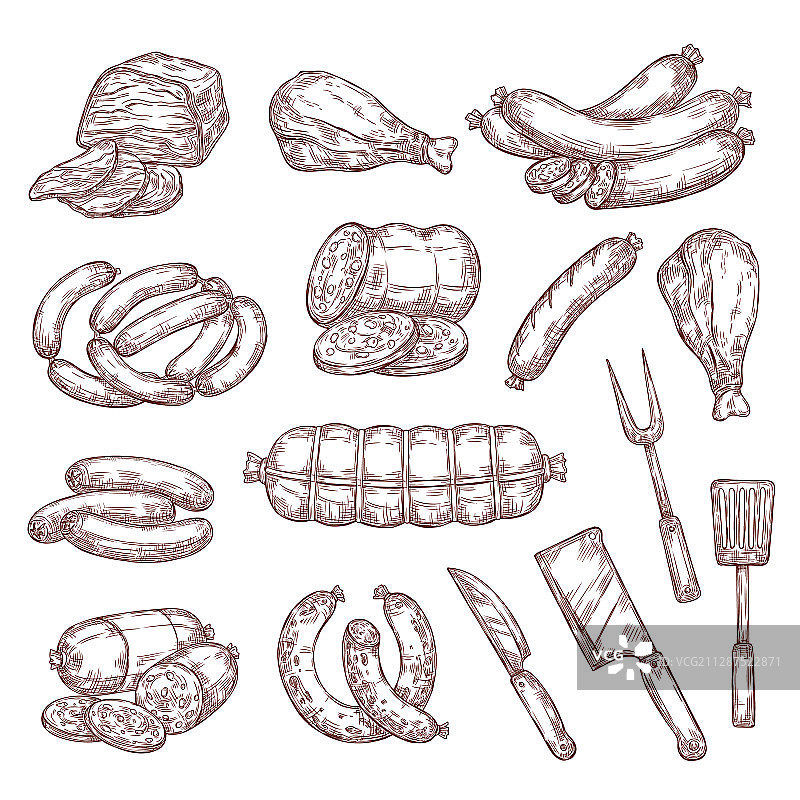 肉类香肠火腿萨拉米和屠刀图片素材