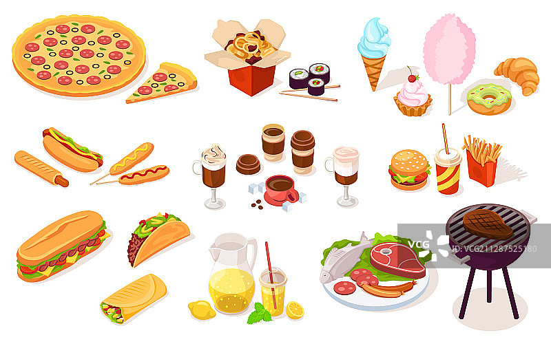 快餐街头食品：披萨、热狗、肉类图片素材