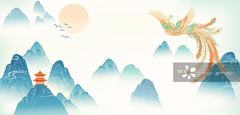 凤凰山水插画图片素材