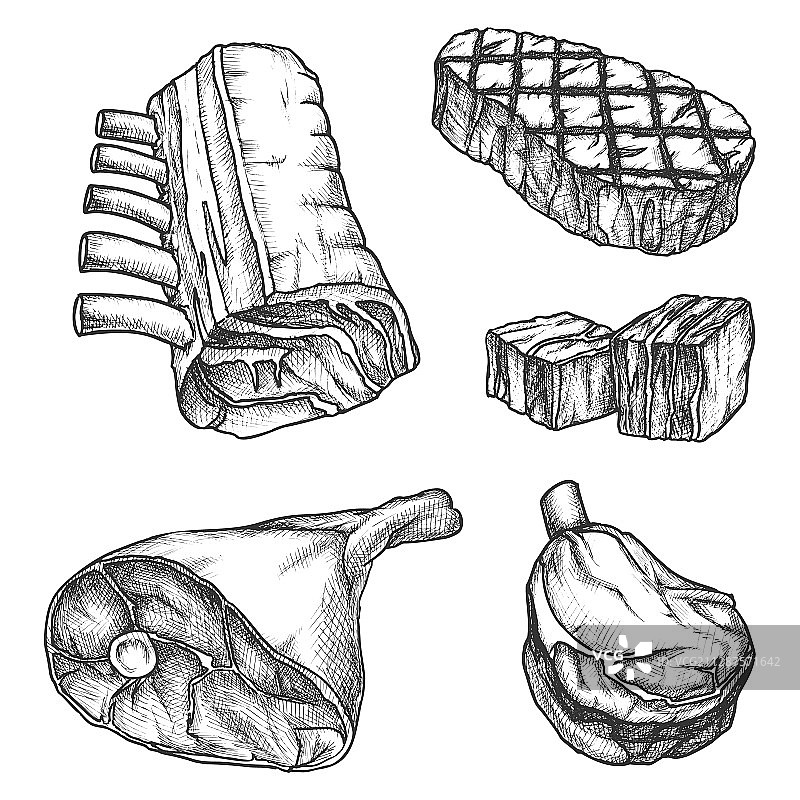 烧烤肉类：牛肉、牛排、排骨和培根图片素材