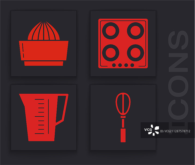 厨房用具套装：打蛋器、柑橘榨汁器和燃气灶图片素材