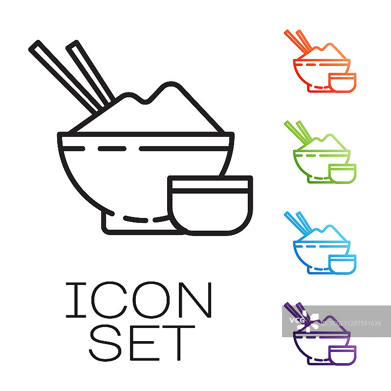 碗中米饭与筷子和酱汁黑色线条图标图片素材