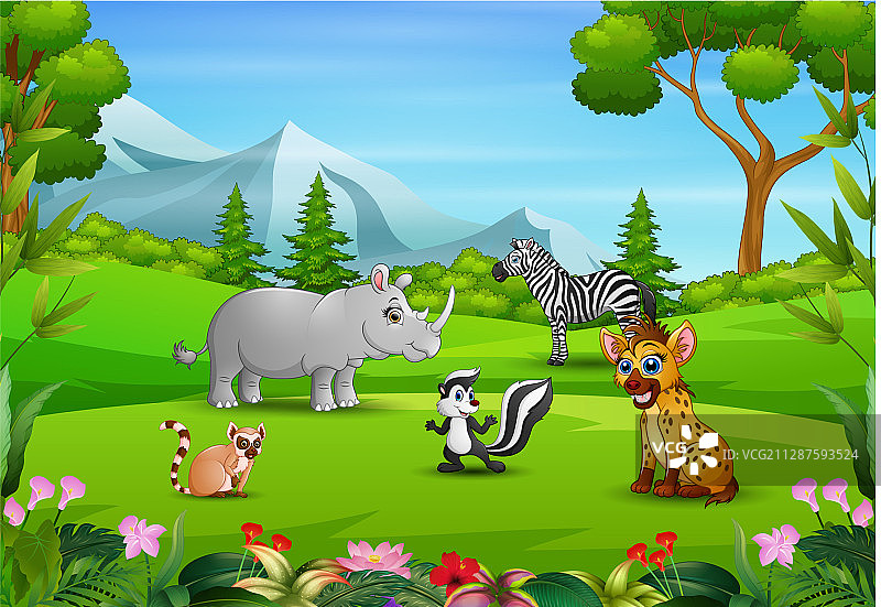 一群动物在田野里放松图片素材