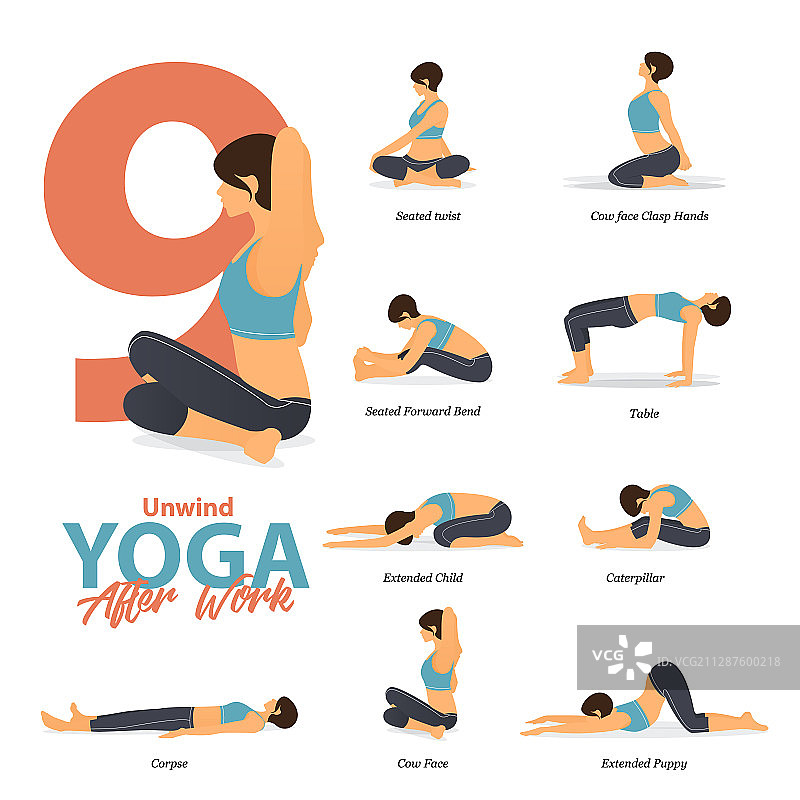 九个工作后瑜伽姿势信息图图片素材