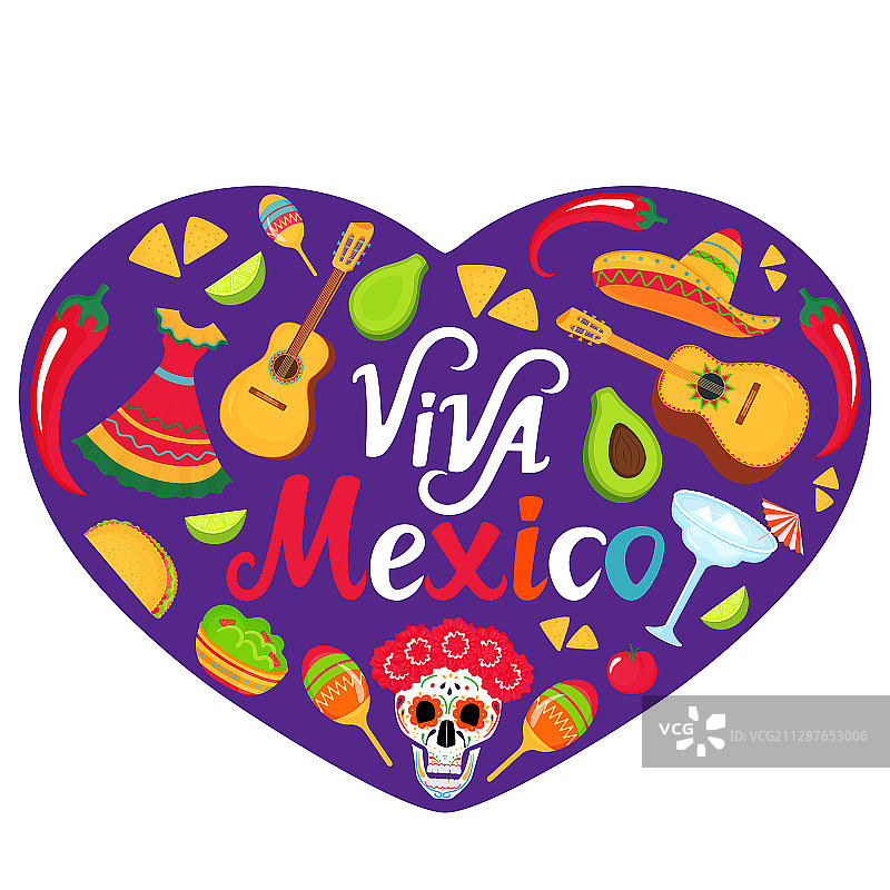 墨西哥万岁banner：墨西哥帽、吉他、糖骷髅图片素材