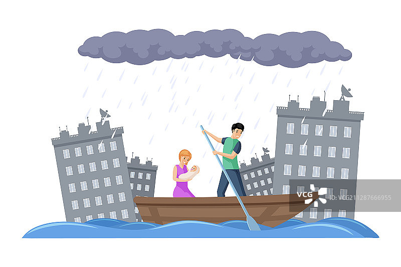 一家人乘船逃离被洪水淹没的城市图片素材