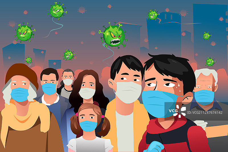病毒袭击戴口罩的人群图片素材