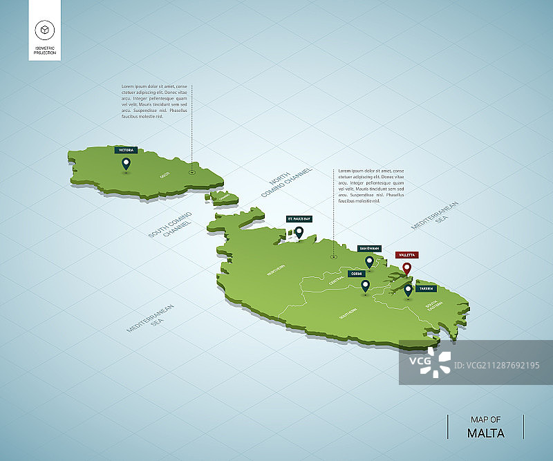 马耳他风格化等距3D绿色地图图片素材