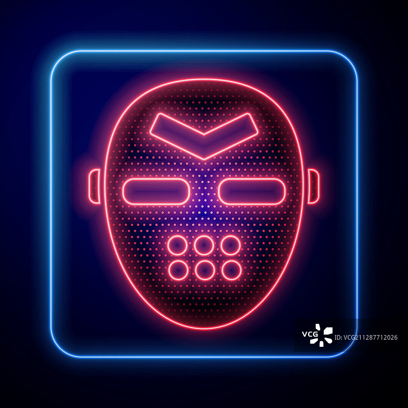 蓝色背景上的发光霓虹曲棍球面具图标图片素材