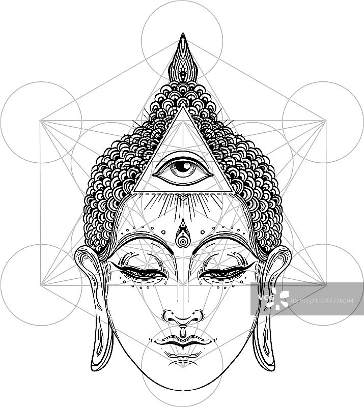 白色背景下的佛像面部和全视之眼图片素材