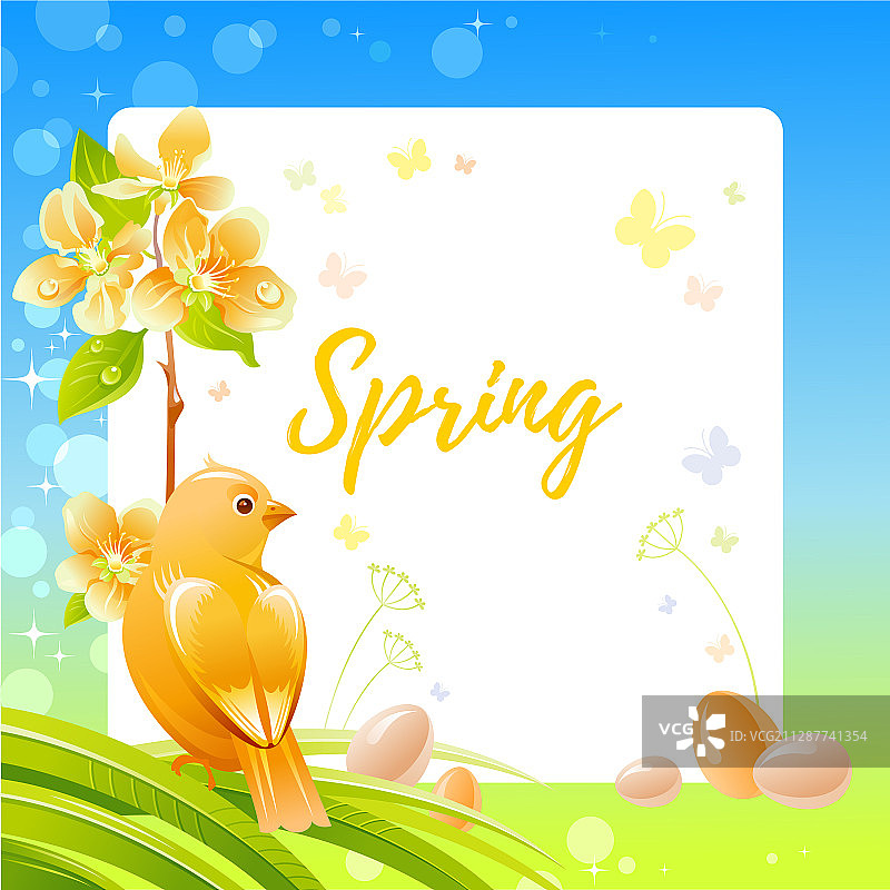 带有樱花和金丝雀的春季边框图片素材