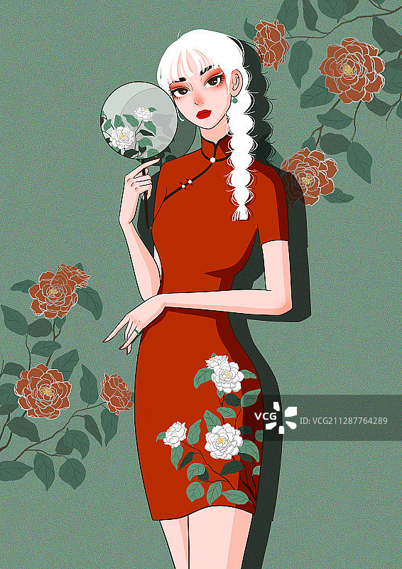 中国红色旗袍茶花女图片素材