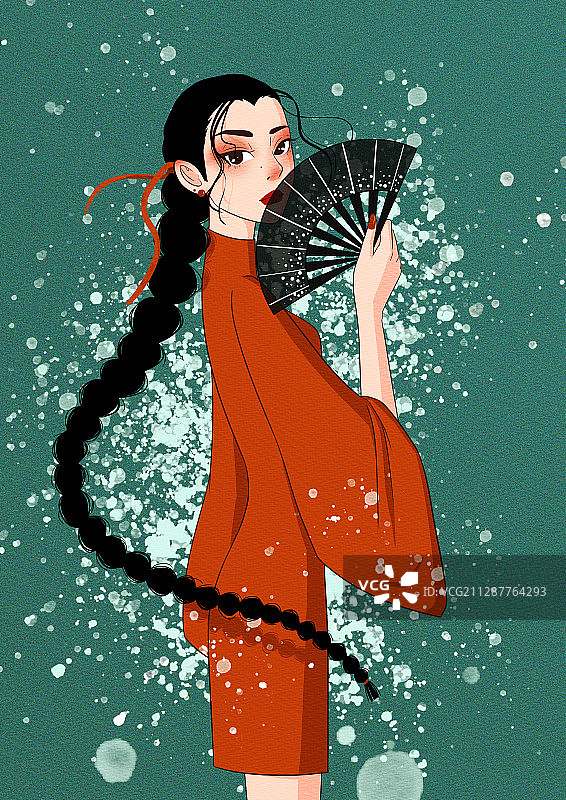 东方美中国红古风女子人物插画图片素材
