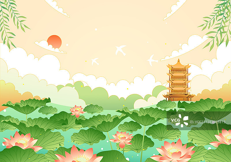 美丽的荷塘风景矢量插画图片素材