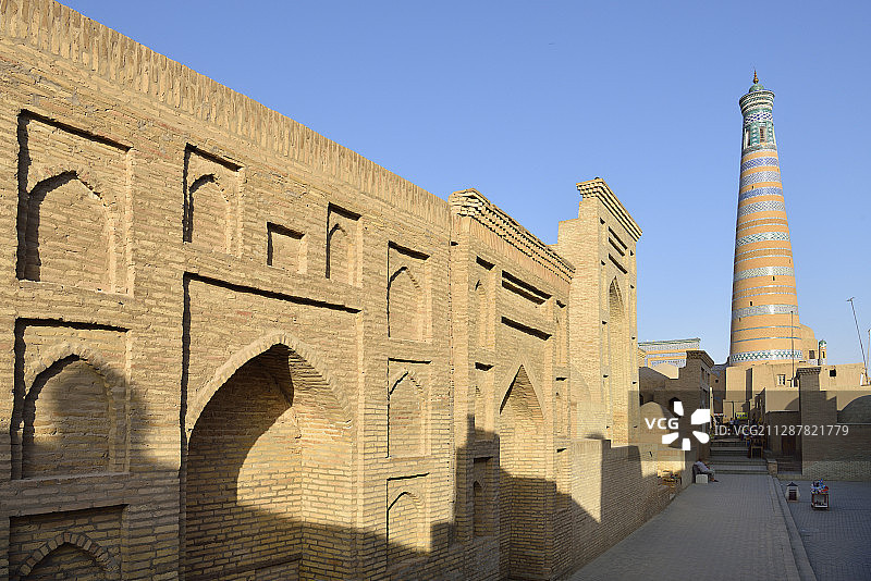 联合国教科文组织世界遗产：乌兹别克斯坦花剌子模希瓦伊钦卡拉古城，伊斯兰霍贾宣礼塔图片素材