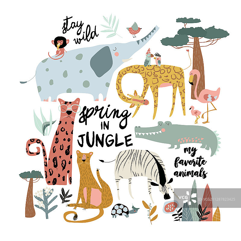 白色背景上的卡通野生动物合集图片素材