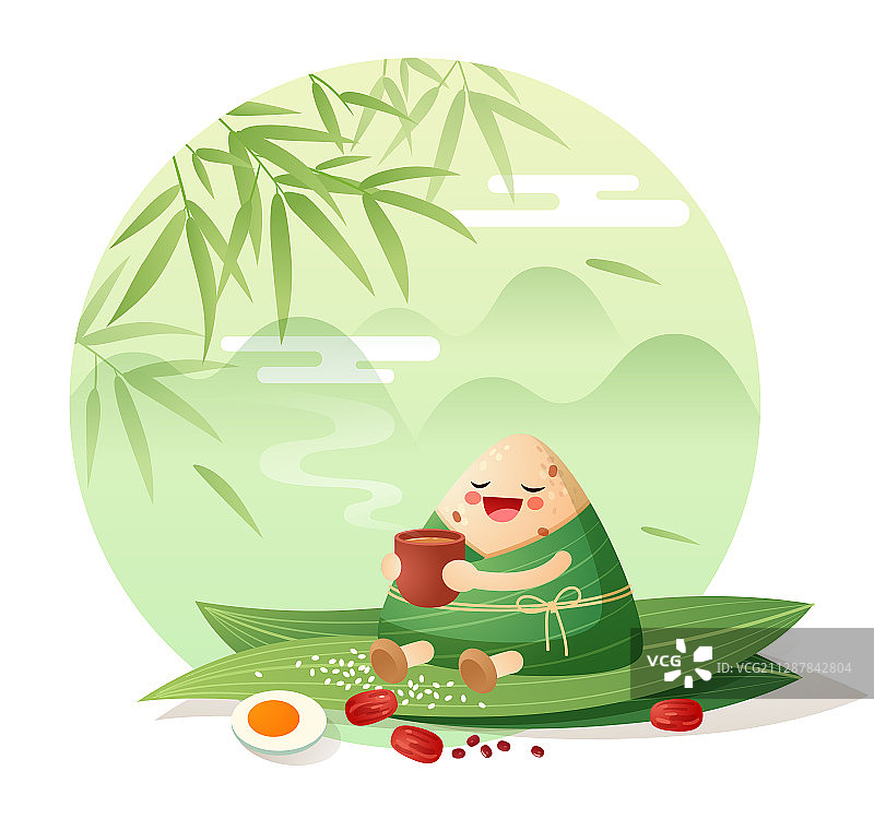 一个坐在粽叶上喝酒的粽子和竹子背景图片素材