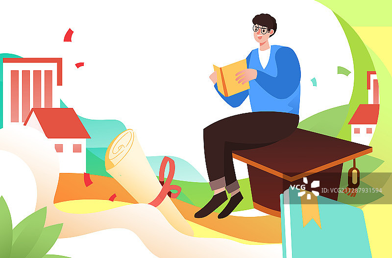 卡通手绘学生坐在博士帽上面看书插画图片素材