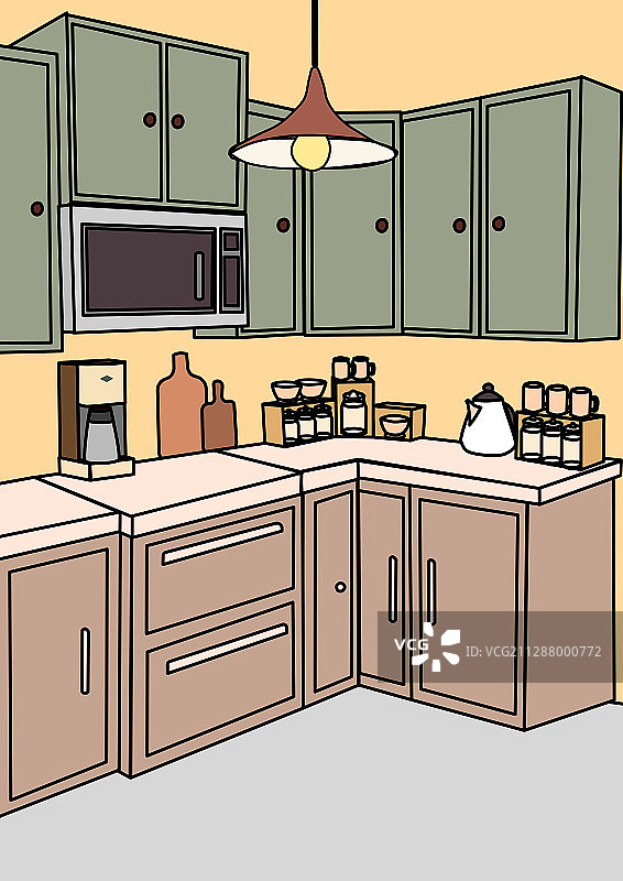线条风竖版矢量厨房室内家具背景图片素材