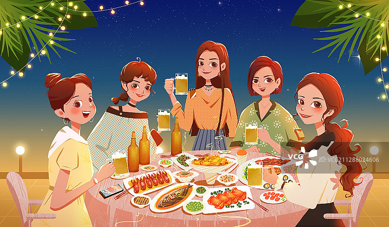 五个聚餐的女人在喝啤酒 啤酒节创意插画图片素材