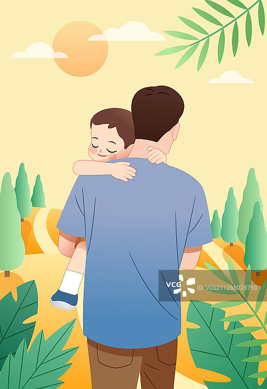 父亲抱着孩子走在户外的路上图片素材