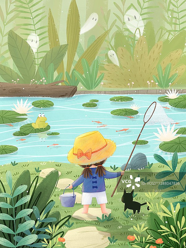 夏日河边抓鱼儿童插画图片素材