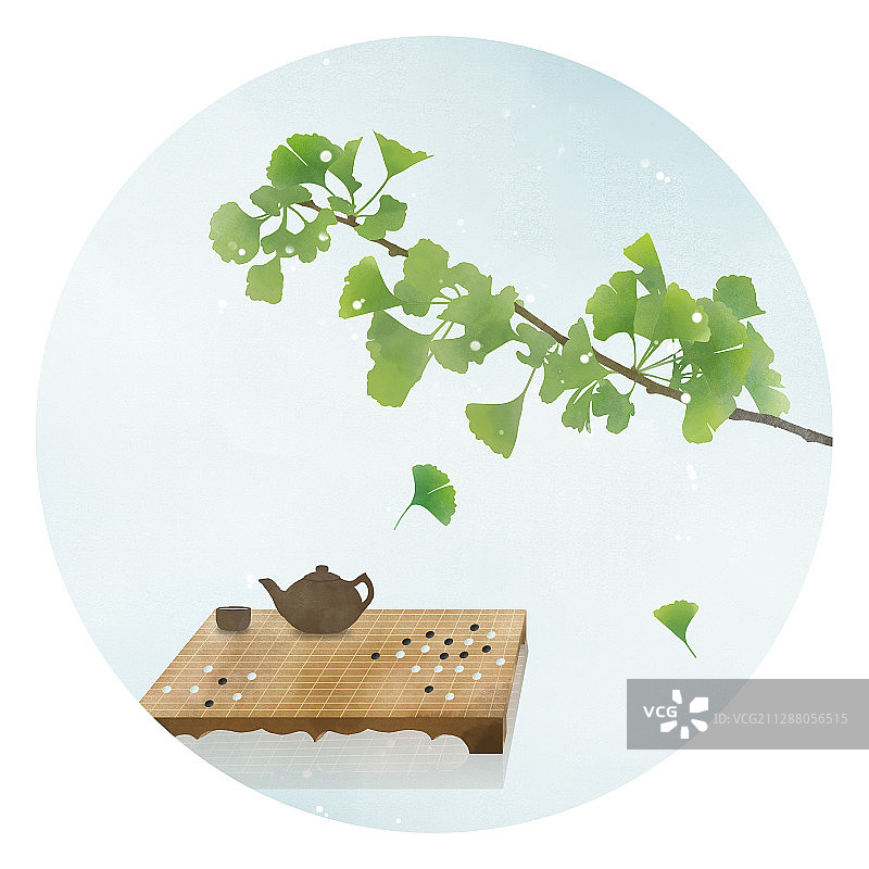 中式古风水彩插画银杏茶壶图片素材