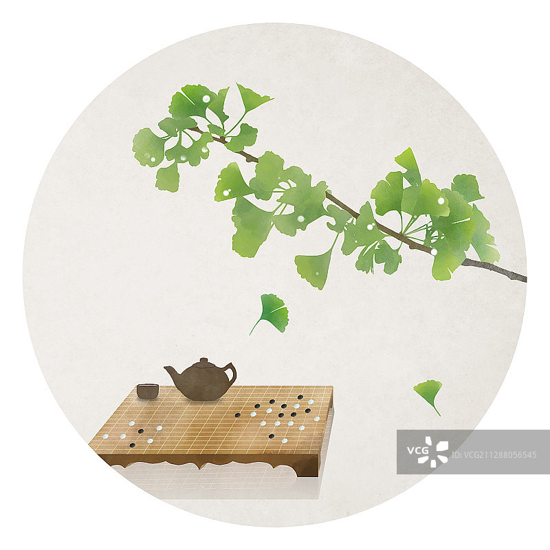 中式古风插画银杏茶壶图片素材