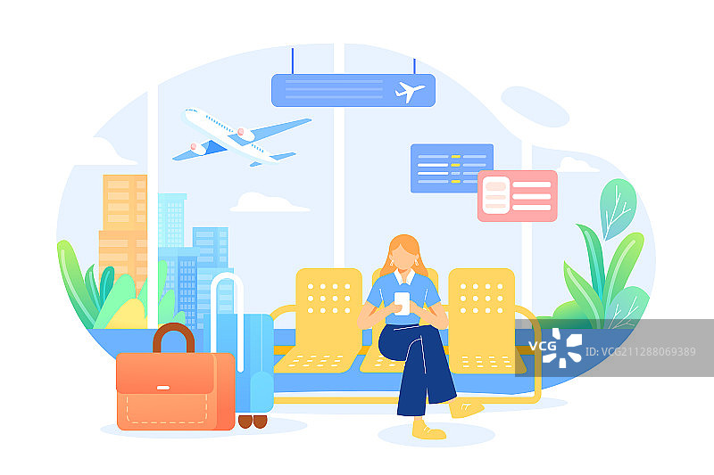 卡通夏季出游飞机场候机室等待出行交通方式旅游活动矢量插画图片素材