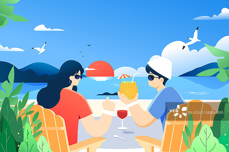 卡通夏季情侣约会出游旅游旅行自然风景海边度假活动矢量插画图片素材