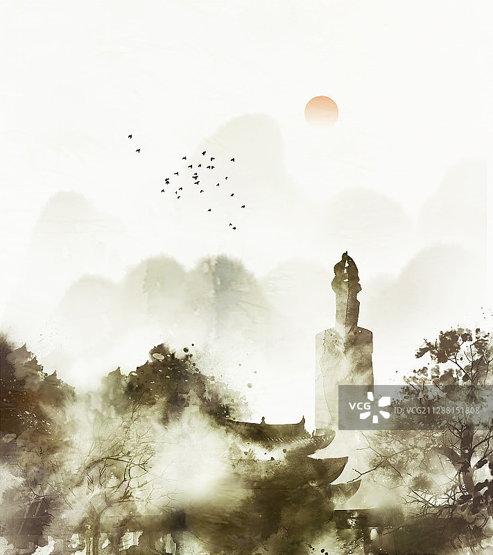 建筑写意山水画图片素材