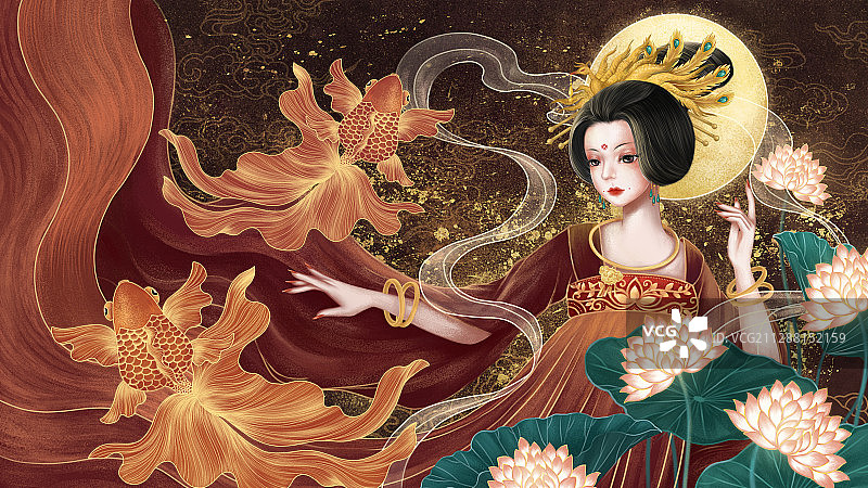 中国风汉服美女荷花和金鱼图片素材