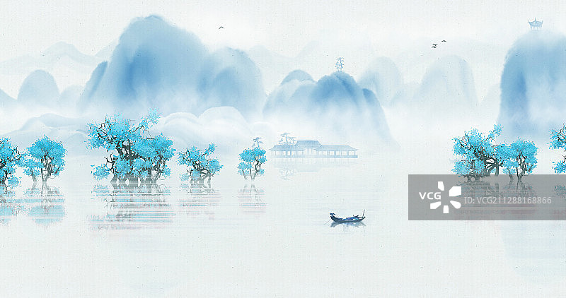 蓝色意境山水画图片素材