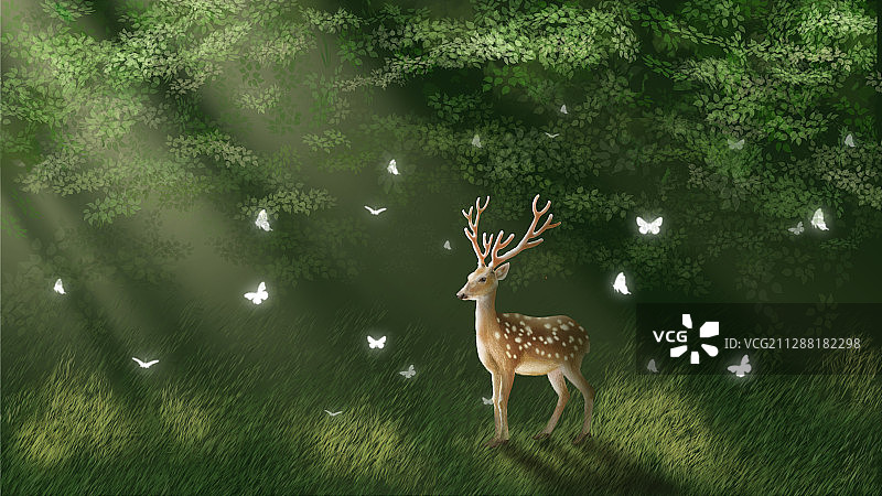 春夏季节绿树与草丛背景下阳光照在一只鹿和蝴蝶上的插画图片素材