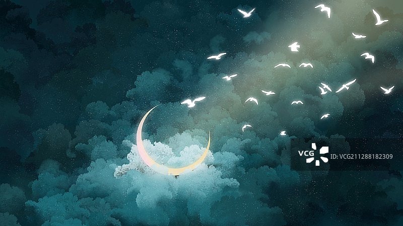深绿色厚积云背景下的月牙与飞鸟图片素材