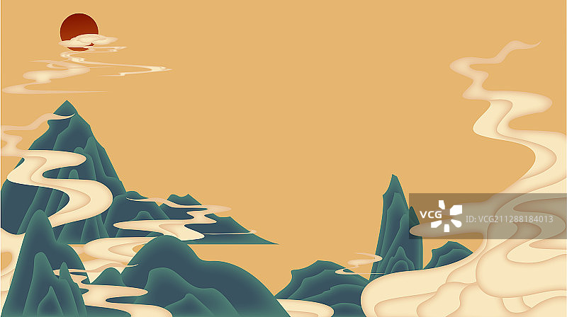 黄色新中式祥云与青山的矢量国潮竖构图留白背景图片素材